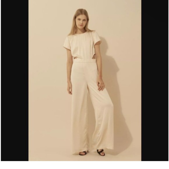 ba&sh Pants - ba&sh satin cutout crew neck Cream Jumpsuit perfect for rehearsal dinner